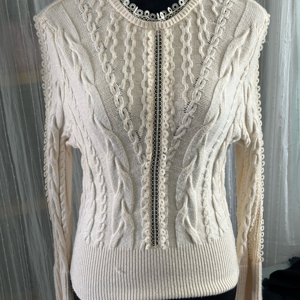 Express White Crew Neck Sweater with Cable Knit Design